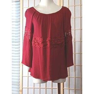 Umgee Burgundy Gauze Boho Top With Lace Accents Women's XL
